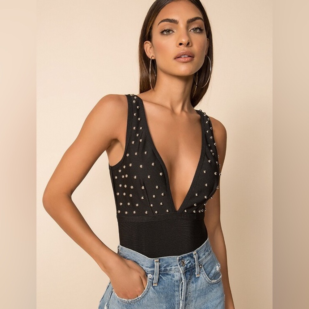 superdown Black Studded Plunge Bodysuit